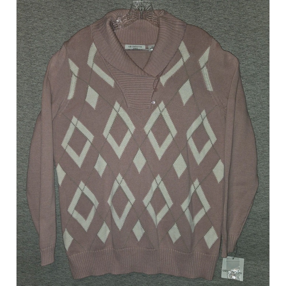 LIZ CLAIBORNE Pink Pullover 2X Shawl Collar Long Sleeve‎ White Diamond NWT $58
